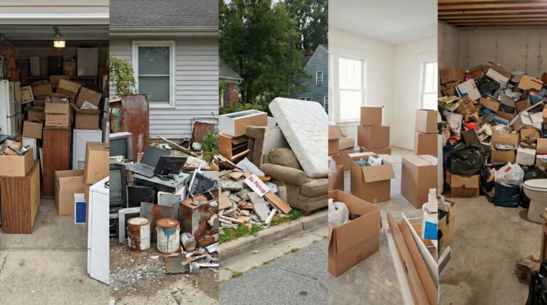 Cluttered household junk piled outside home ready for removal