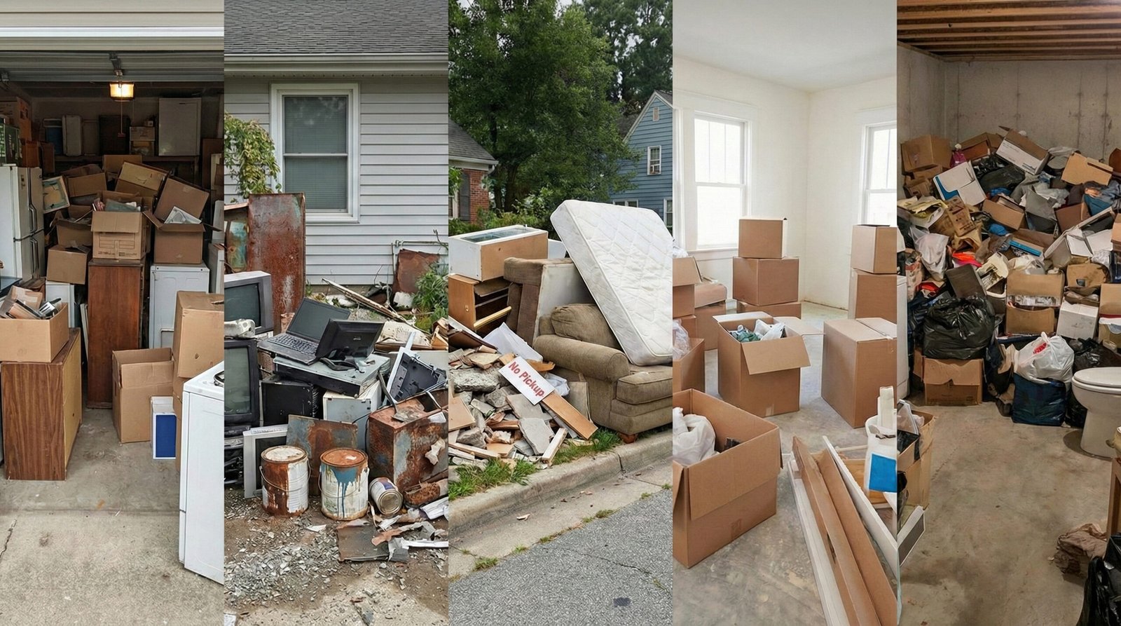 Cluttered household junk piled outside home ready for removal