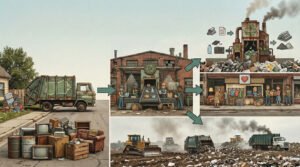 Waste management and recycling process illustration.