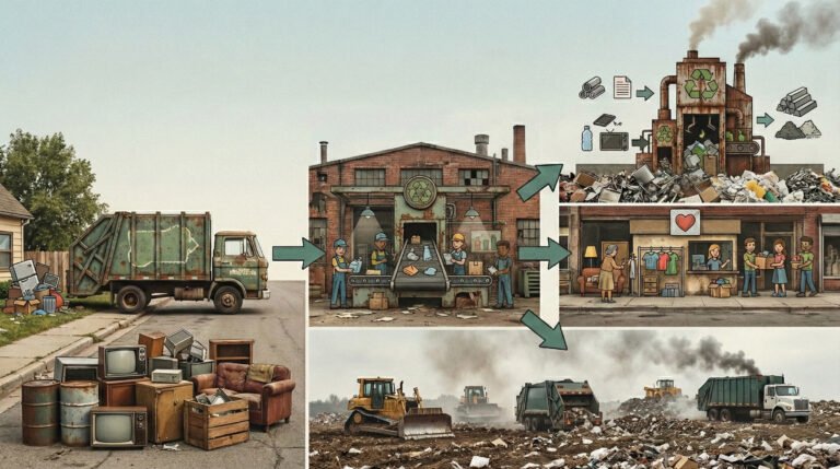 Waste management and recycling process illustration.